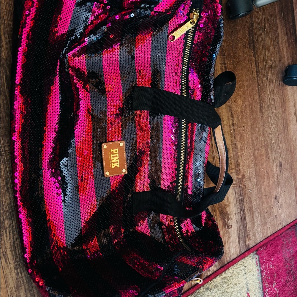 PINK Victoria's Secret Black and Pink Sequin Travel Bag